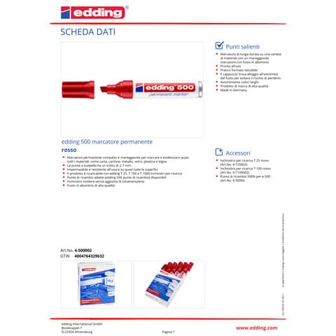 Marcatore permanente edding 500 punta scalpello 2-7 mm rosso E-500 002